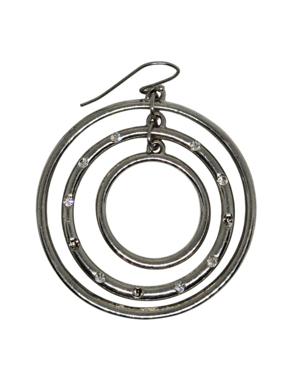 Vintage Silver Tone Triple Circle Hoop Dangle Earrings Rhinestone Accents - Picture 8 of 8